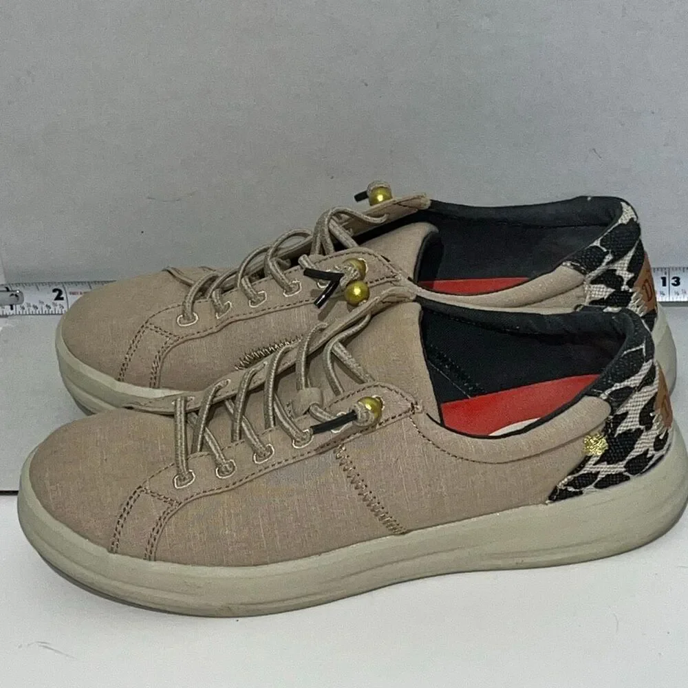 Hey Dude Womens Beige Tan Canvas Leopard Karina Classic‎ Sneaker Shoes Size 7